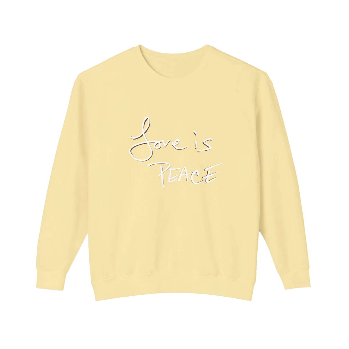 Pale yellow crewneck pullover with white Love is Peace lettering and a dark offset shadow, front view.