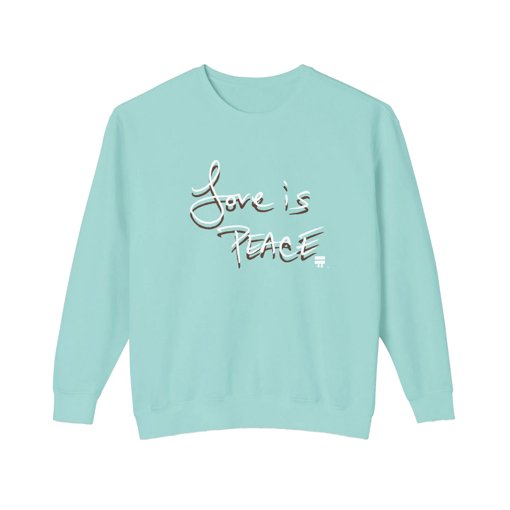 Chalky mint crewneck pullover with white Love is Peace lettering and a dark offset shadow, front view.