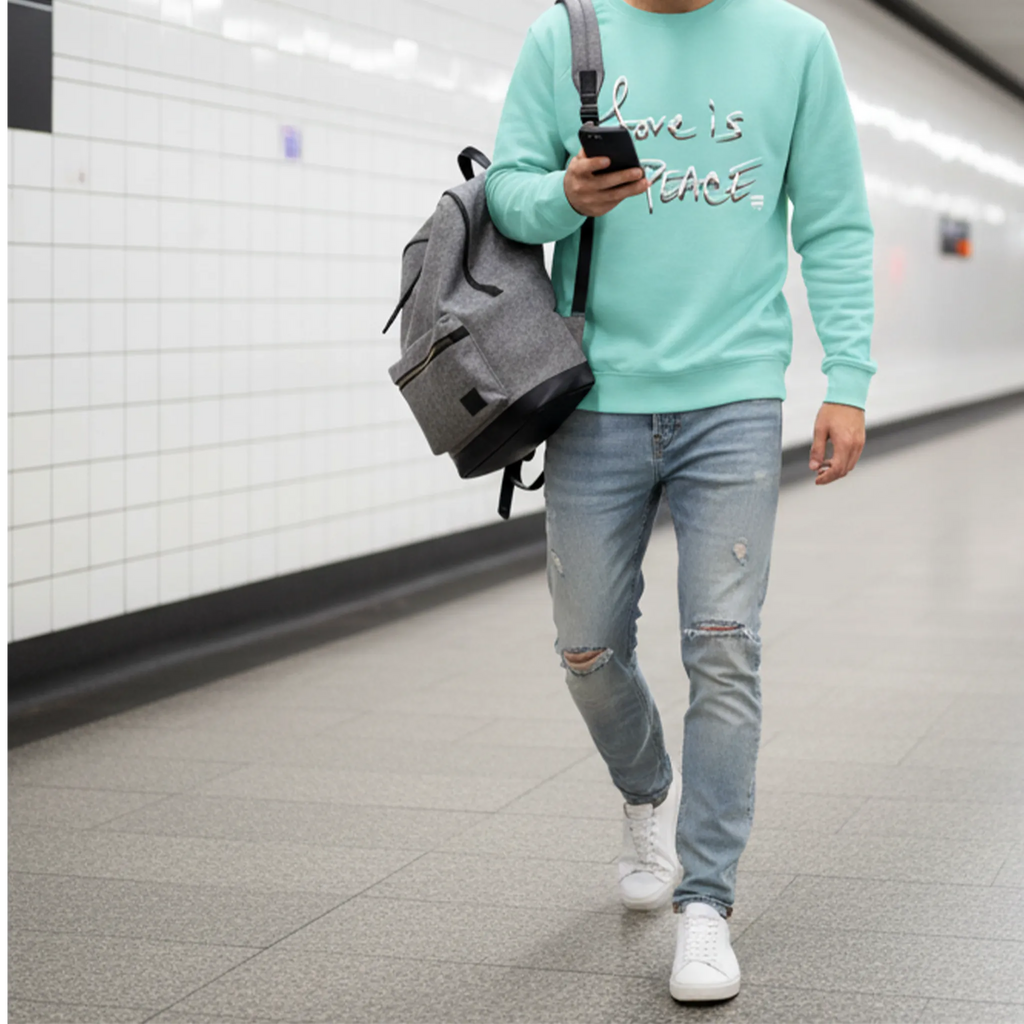 Man wearing a mint crewneck with Love is Peace lettering, headphones and jeans while walking through a tiled subway passage.