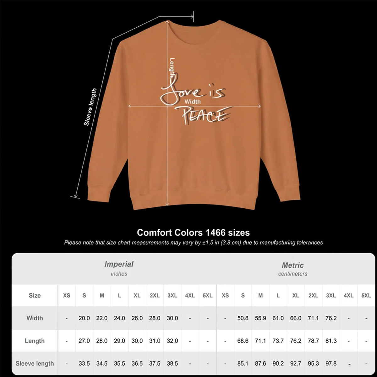 Love is Peace pullover size chart showing width, length and sleeve measurements for S–3XL in inches and centimeters.