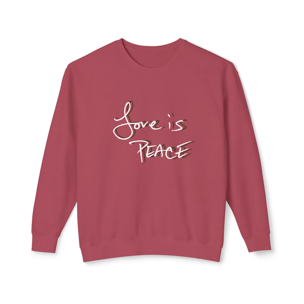 Crimson crewneck pullover with white Love is Peace lettering and a dark offset shadow, front view.