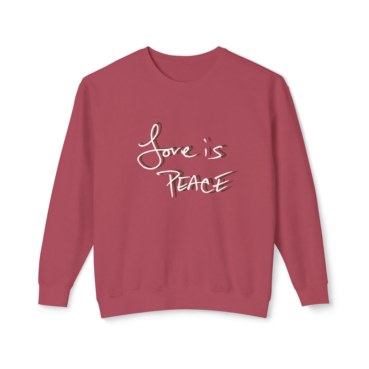 Crimson crewneck pullover with white Love is Peace lettering and a dark offset shadow, front view.