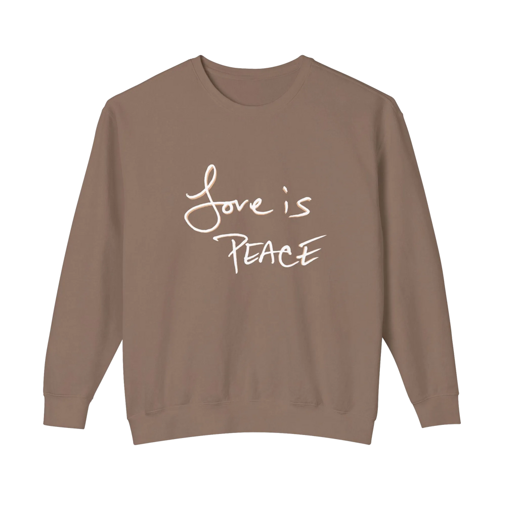 Espresso brown crewneck pullover with light-colored Love is Peace lettering across the chest, front view.