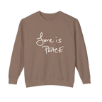 Espresso brown crewneck pullover with light-colored Love is Peace lettering across the chest, front view.