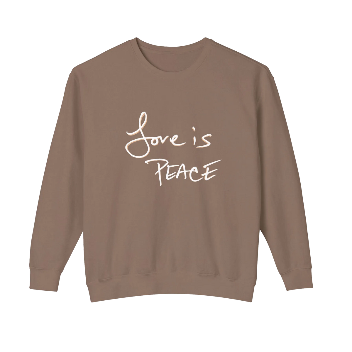 Espresso brown crewneck pullover with light-colored Love is Peace lettering across the chest, front view.
