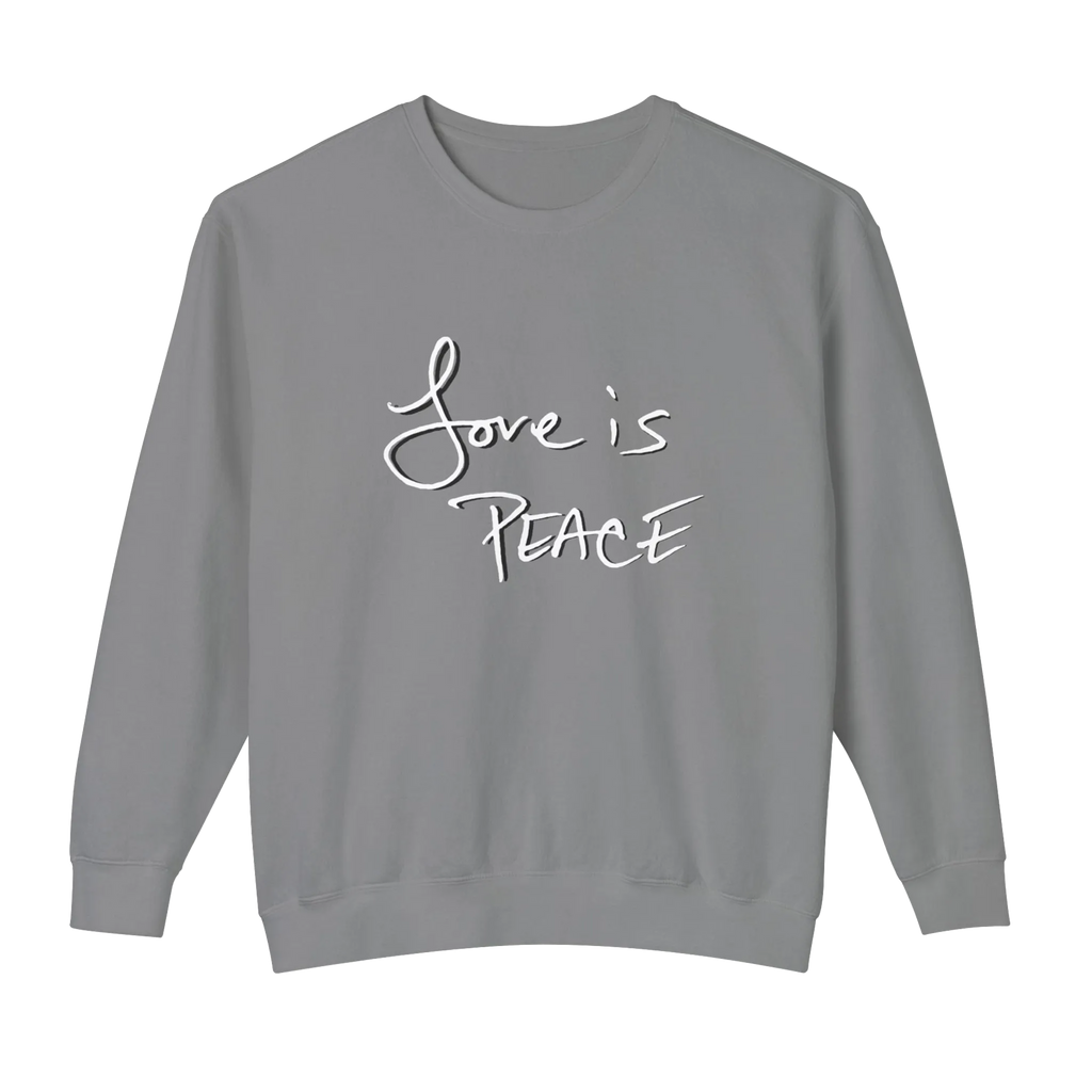 Grey crewneck pullover with white Love is Peace lettering and a dark offset shadow, front view.