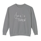 Grey crewneck pullover with white Love is Peace lettering and a dark offset shadow, front view.