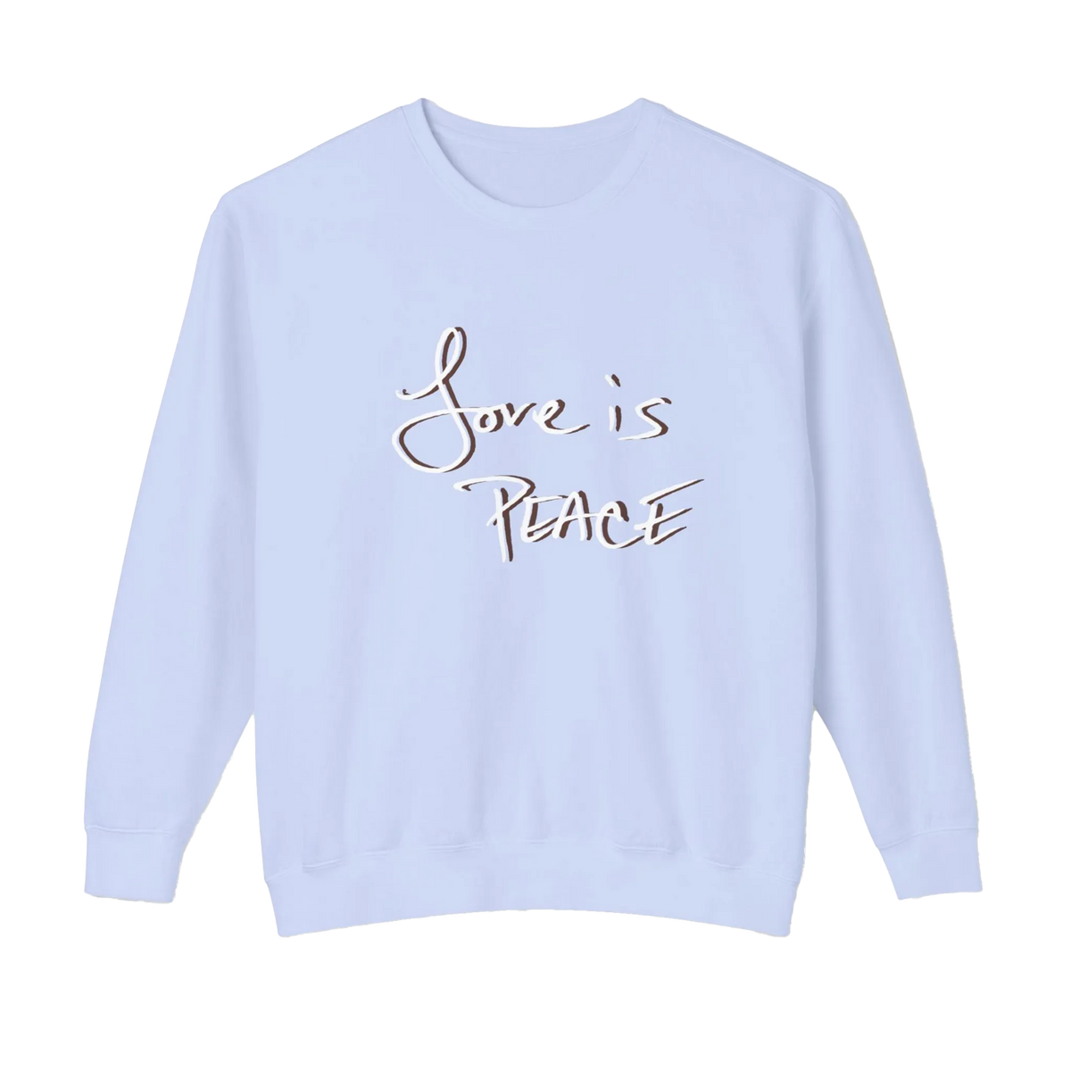 Pale lavender-blue crewneck pullover with white Love is Peace lettering and a dark offset shadow, front view.