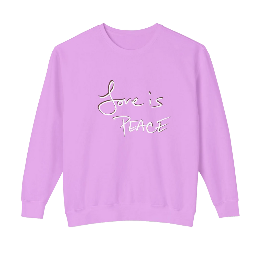 Violet crewneck pullover with white Love is Peace lettering and a dark offset shadow, front view.