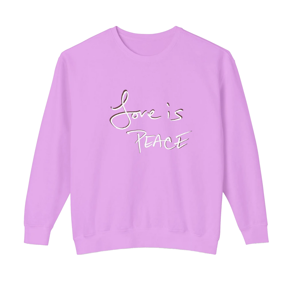 Violet crewneck pullover with white Love is Peace lettering and a dark offset shadow, front view.