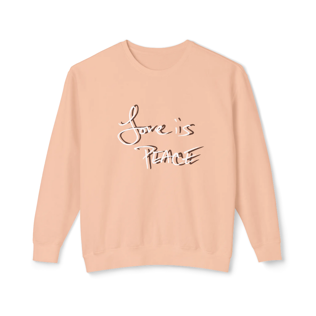 Peach crewneck pullover with white Love is Peace lettering and a dark offset shadow, front view.