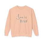 Peach crewneck pullover with white Love is Peace lettering and a dark offset shadow, front view.