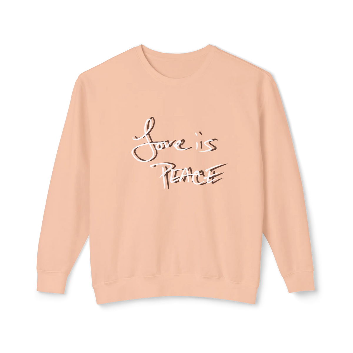 Peach crewneck pullover with white Love is Peace lettering and a dark offset shadow, front view.