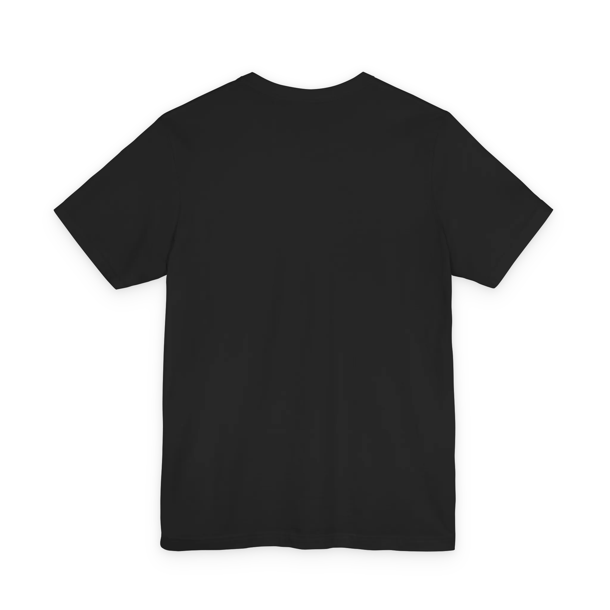 Love More Rainbow Heart Pride Tee, black, clean back view, crew neck silhouette.