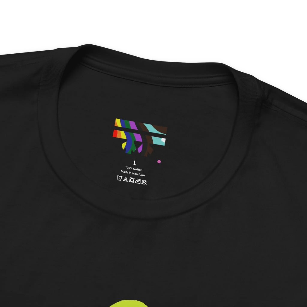 Love More Rainbow Heart Pride Tee, black, FREEBRD rainbow logo collar detail, close-up view.