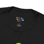 Love More Rainbow Heart Pride Tee, black, FREEBRD rainbow logo collar detail, close-up view.