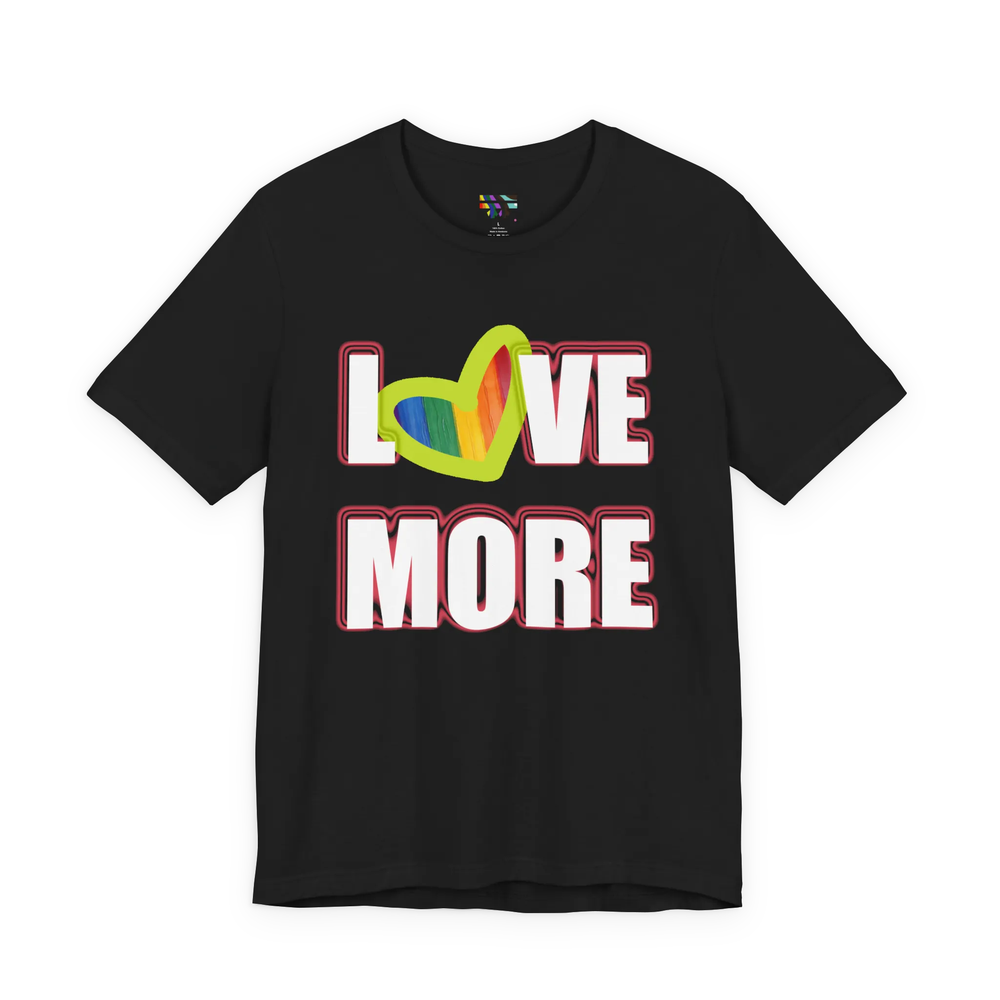 Love More Rainbow Heart Pride Tee, black, bold LOVE MORE graphic with rainbow heart, front view.
