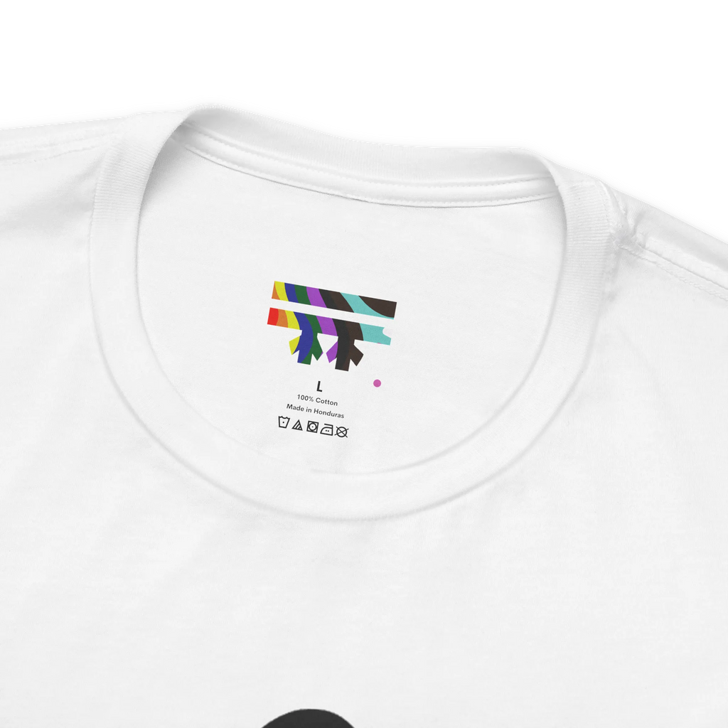 Love More Rainbow Heart Pride Tee, white, FREEBRD rainbow logo collar detail, close-up view.