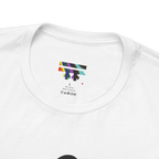 Love More Rainbow Heart Pride Tee, white, FREEBRD rainbow logo collar detail, close-up view.