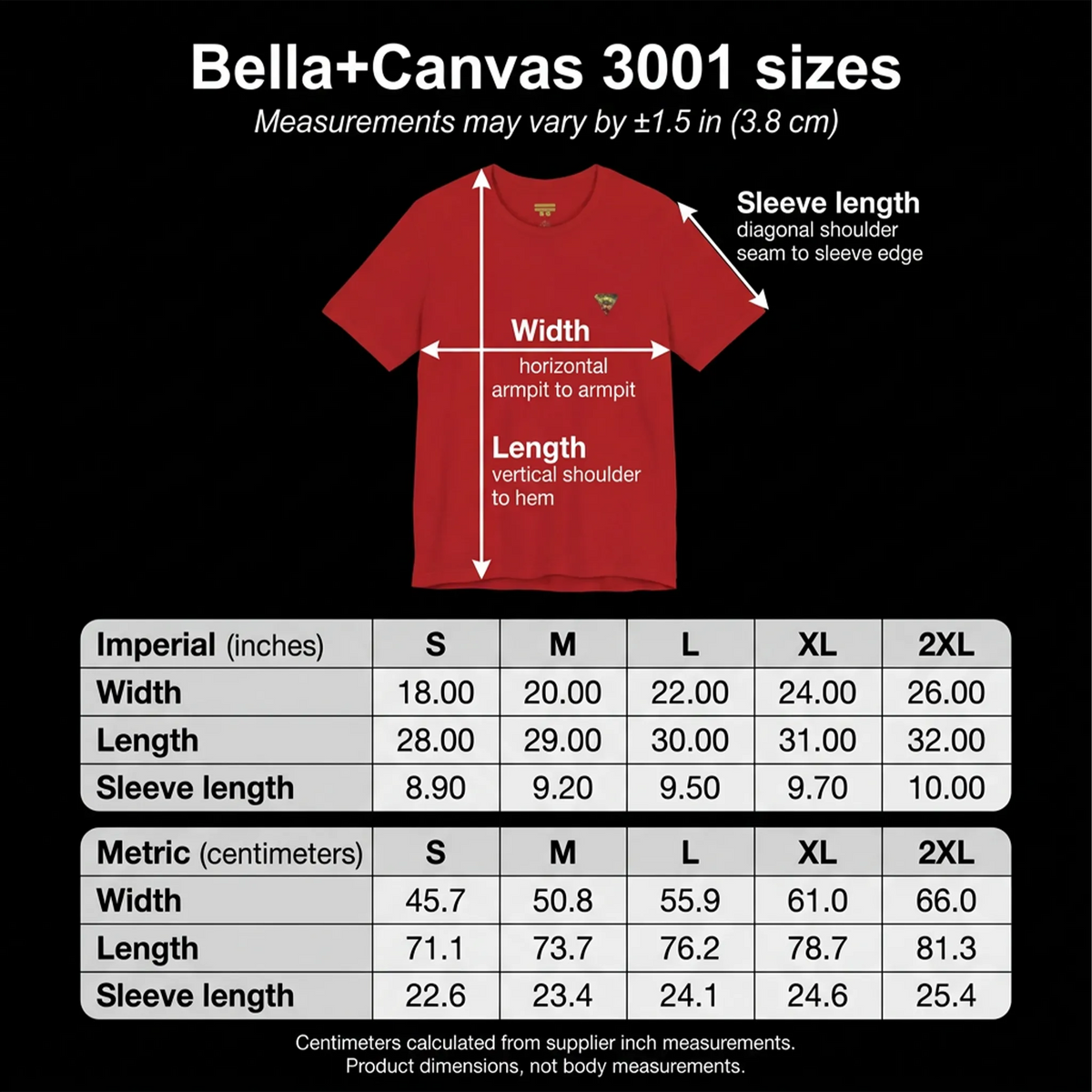 Lucy Panda 01 tee size chart showing width, length and sleeve measurements in inches and centimeters, sizes S–2XL.