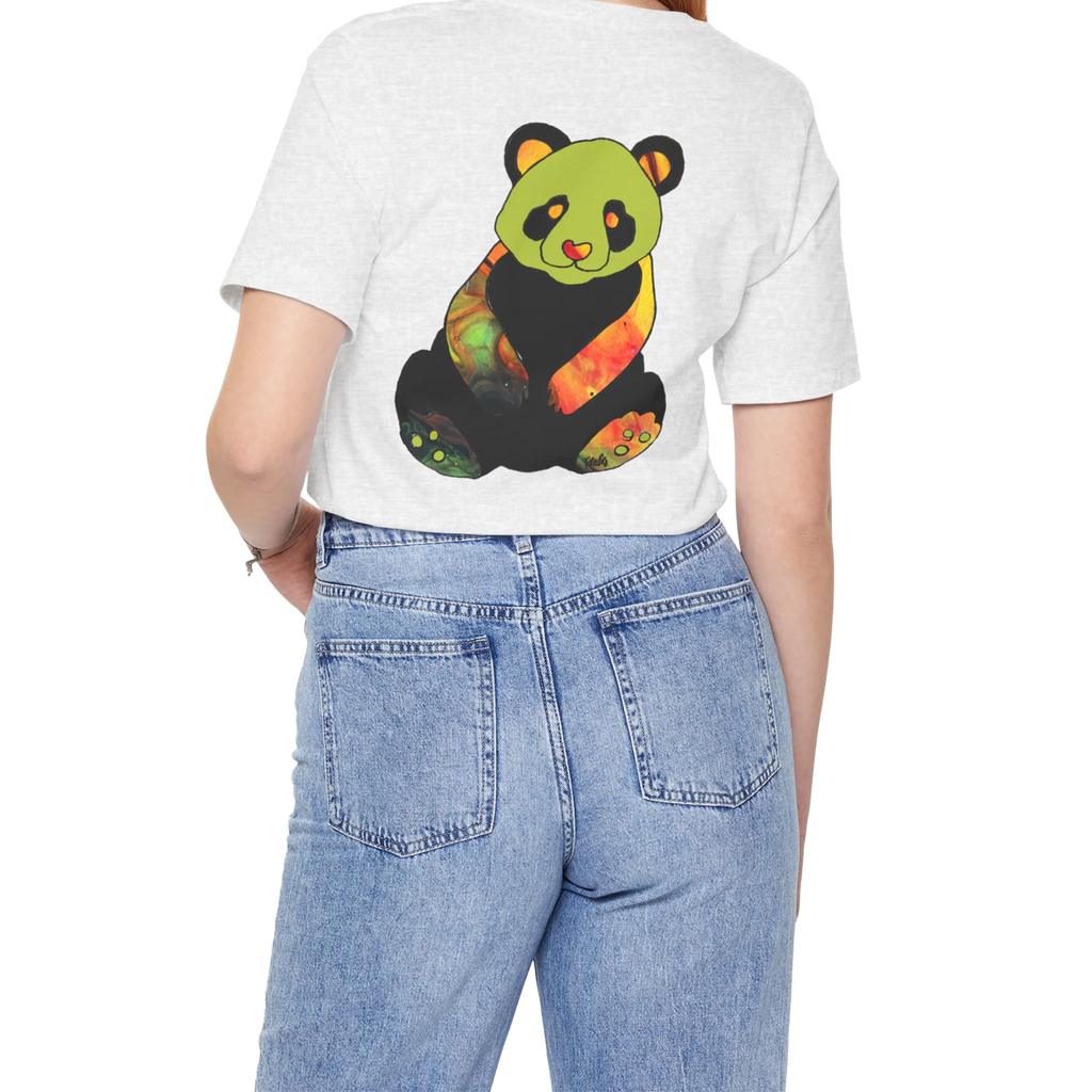 "Lucy Panda" 01 Edition Graphic Tee by FREEBRD — ash, lifestyle back, colorful watercolor panda graphic, relaxed fit on model.