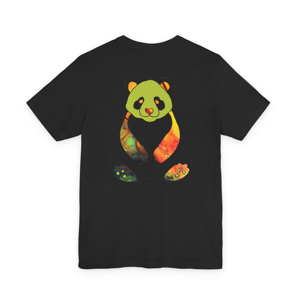 "Lucy Panda" 01 Edition Graphic Tee by FREEBRD — black heather, colorful watercolor panda back graphic, back view.