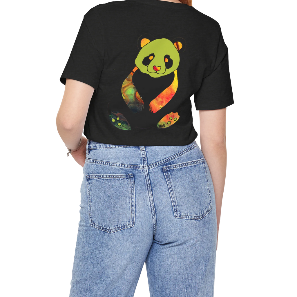 "Lucy Panda" 01 Edition Graphic Tee by FREEBRD — black heather, lifestyle back, colorful watercolor panda graphic, relaxed fit on model.