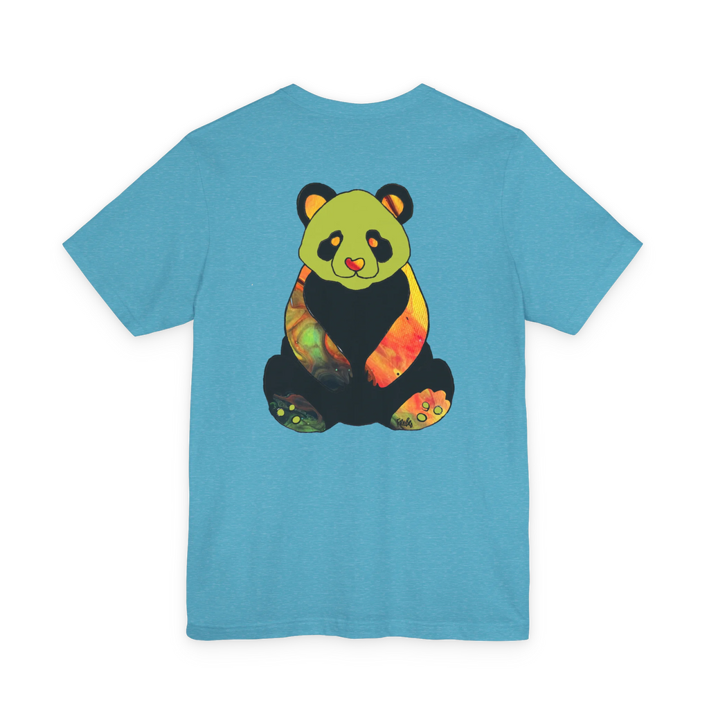 "Lucy Panda" 01 Edition Graphic Tee by FREEBRD — heather aqua, colorful watercolor panda back graphic, back view.