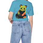 "Lucy Panda" 01 Edition Graphic Tee by FREEBRD — heather aqua, lifestyle back, colorful watercolor panda graphic, relaxed fit on model.