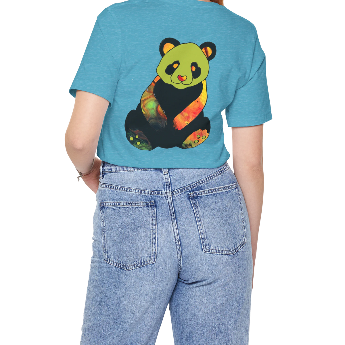 "Lucy Panda" 01 Edition Graphic Tee by FREEBRD — heather aqua, lifestyle back, colorful watercolor panda graphic, relaxed fit on model.