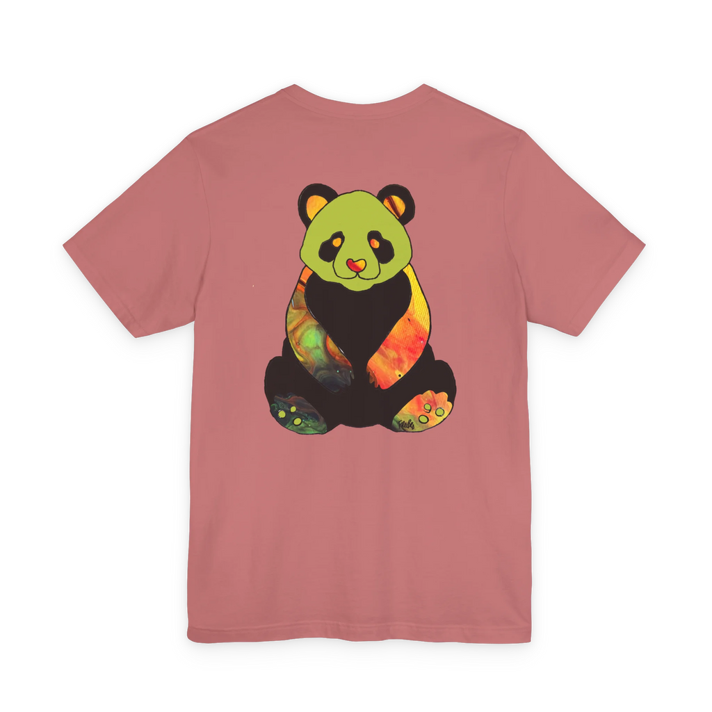 "Lucy Panda" 01 Edition Graphic Tee by FREEBRD — mauve, colorful watercolor panda back graphic, back view.