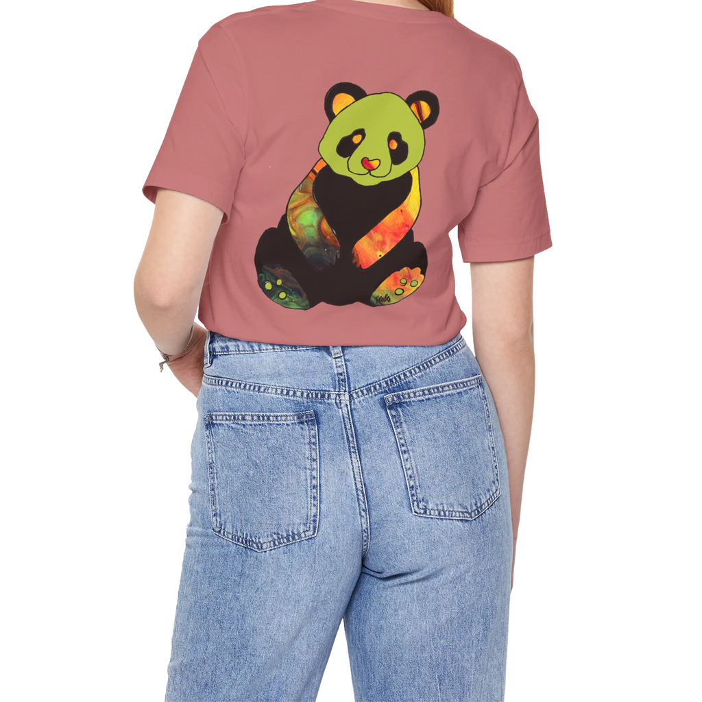 "Lucy Panda" 01 Edition Graphic Tee by FREEBRD — mauve, lifestyle back, colorful watercolor panda graphic, relaxed fit on model.