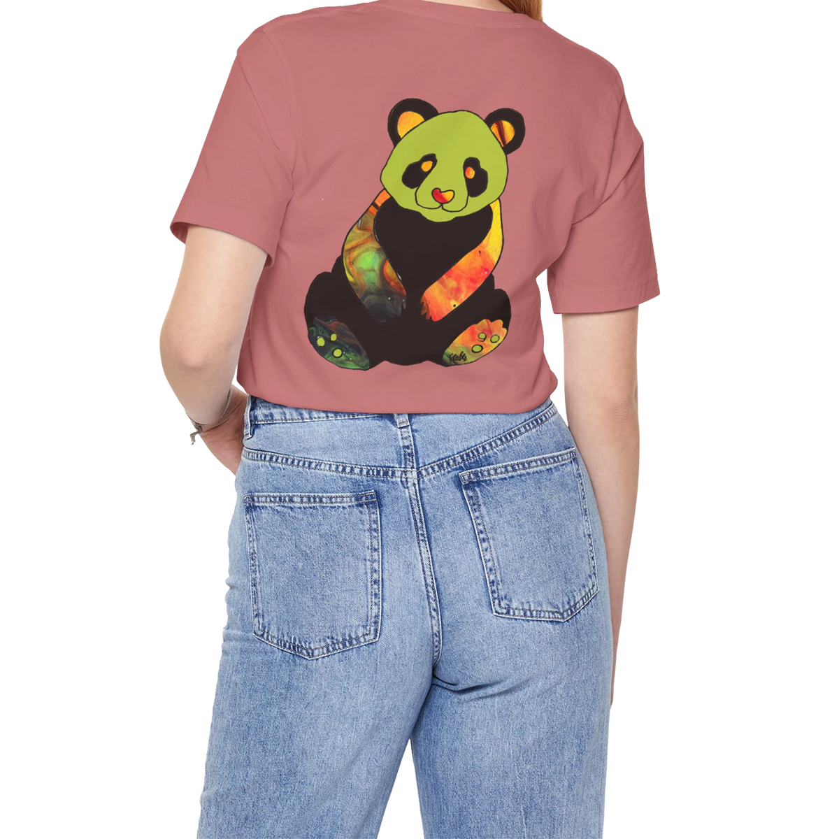 "Lucy Panda" 01 Edition Graphic Tee by FREEBRD — mauve, lifestyle back, colorful watercolor panda graphic, relaxed fit on model.