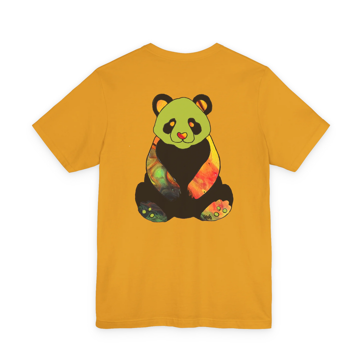 "Lucy Panda" 01 Edition Graphic Tee by FREEBRD — mustard, colorful watercolor panda back graphic, back view.