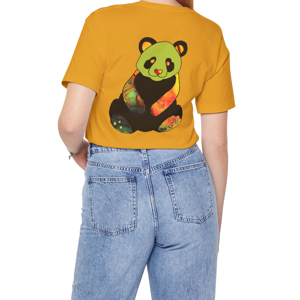 "Lucy Panda" 01 Edition Graphic Tee by FREEBRD — mustard, lifestyle back, colorful watercolor panda graphic, relaxed fit on model.