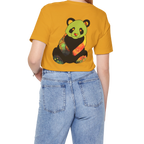 "Lucy Panda" 01 Edition Graphic Tee by FREEBRD — mustard, lifestyle back, colorful watercolor panda graphic, relaxed fit on model.