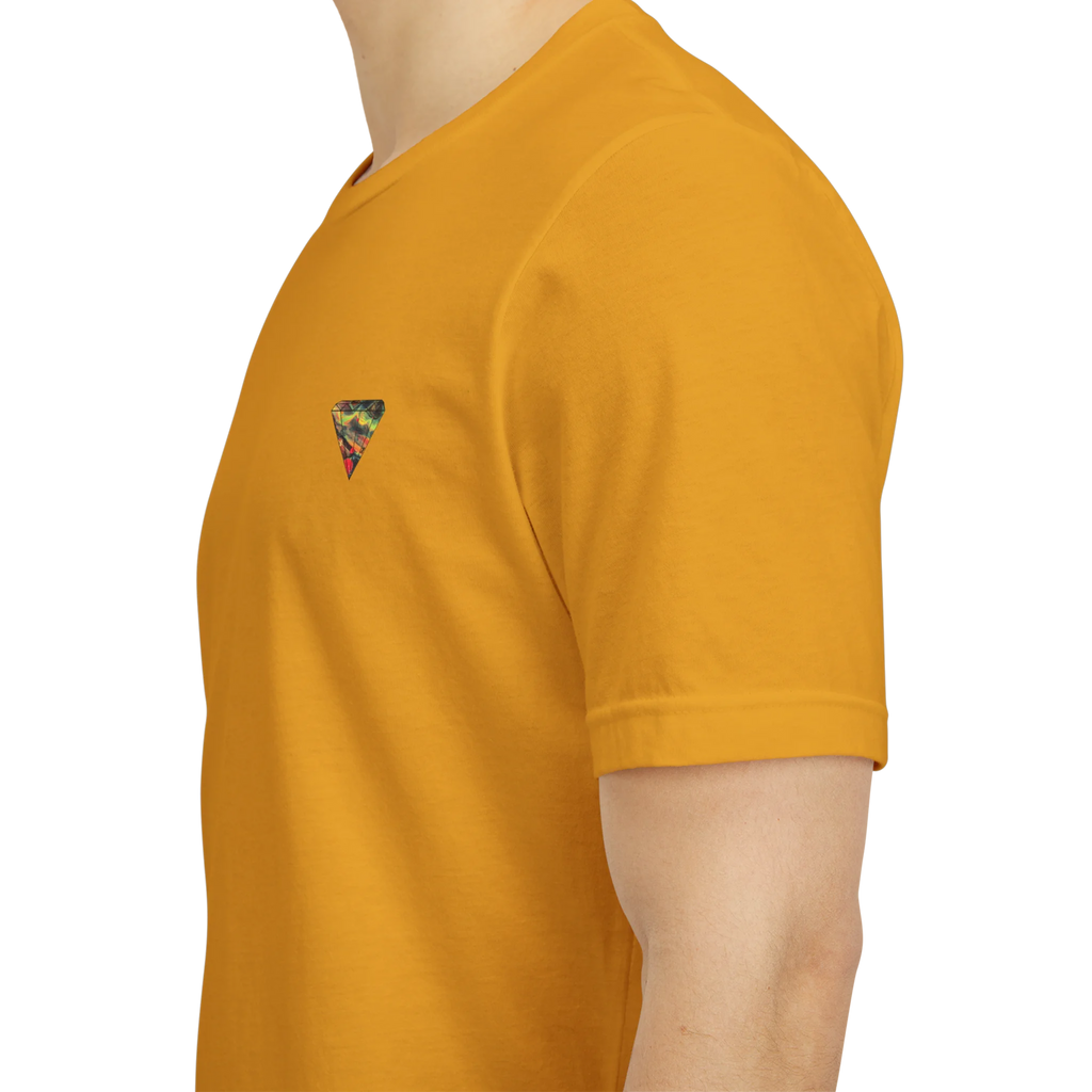 "Lucy Panda" 01 Edition Graphic Tee by FREEBRD — mustard, lifestyle front, FREEBRD Diamond chest emblem, relaxed fit on model.