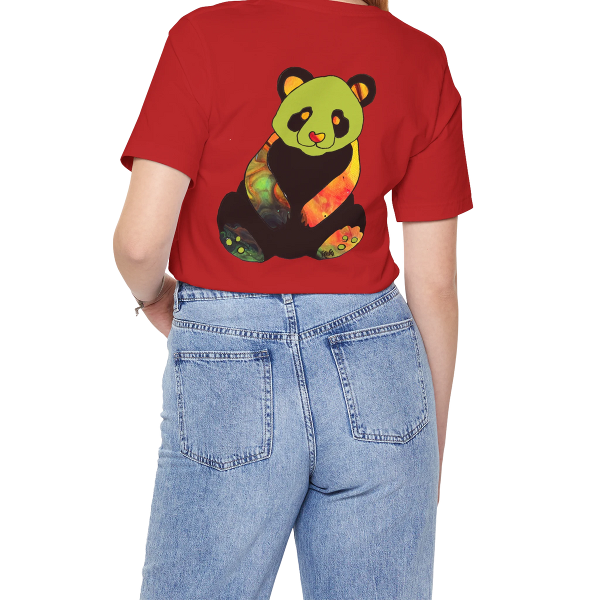 "Lucy Panda" 01 Edition Graphic Tee by FREEBRD — red, lifestyle back, colorful watercolor panda graphic, relaxed fit on model.