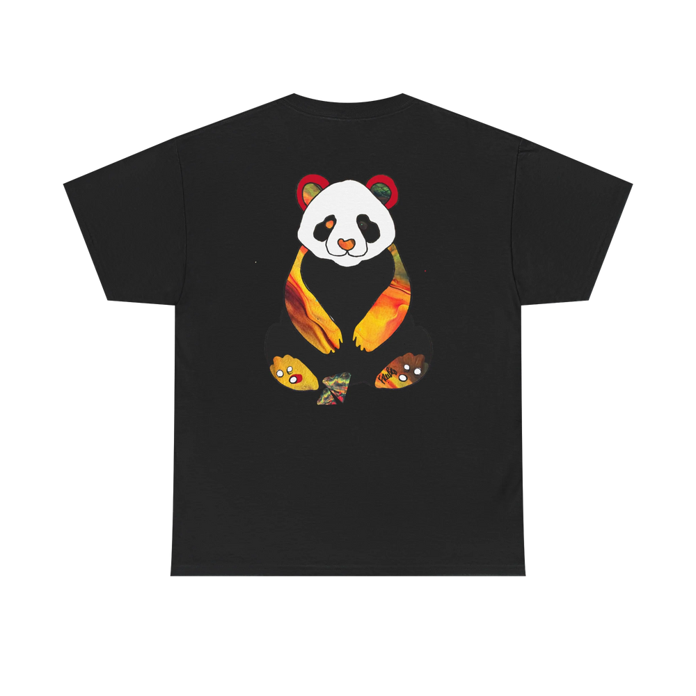 "Lucy Panda" 04 Edition Graphic Tee by FREEBRD — black, large colorful abstract panda graphic on back, back view.