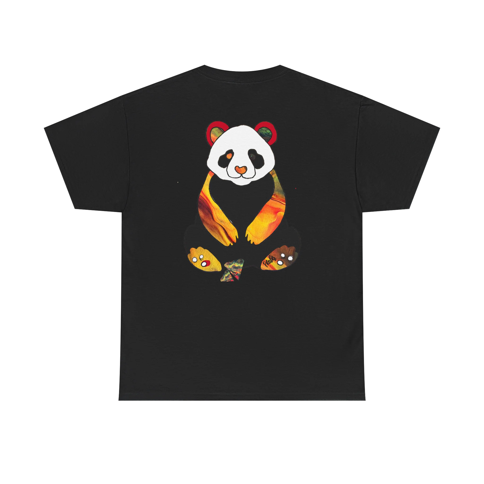 "Lucy Panda" 04 Edition Graphic Tee by FREEBRD — black, large colorful abstract panda graphic on back, back view.