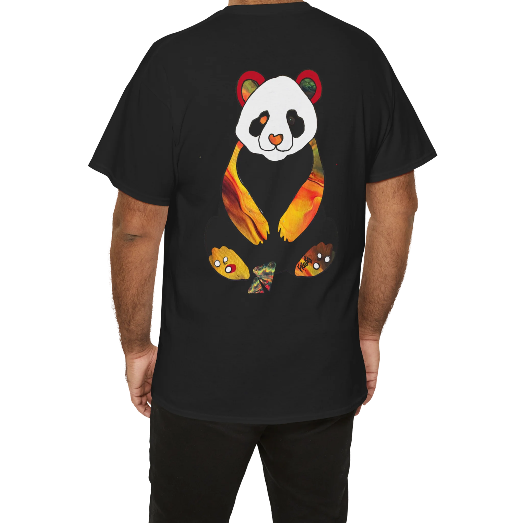 "Lucy Panda" 04 Edition Graphic Tee by FREEBRD — black lifestyle back, vibrant abstract panda artwork by FREEBRD, relaxed fit on model.