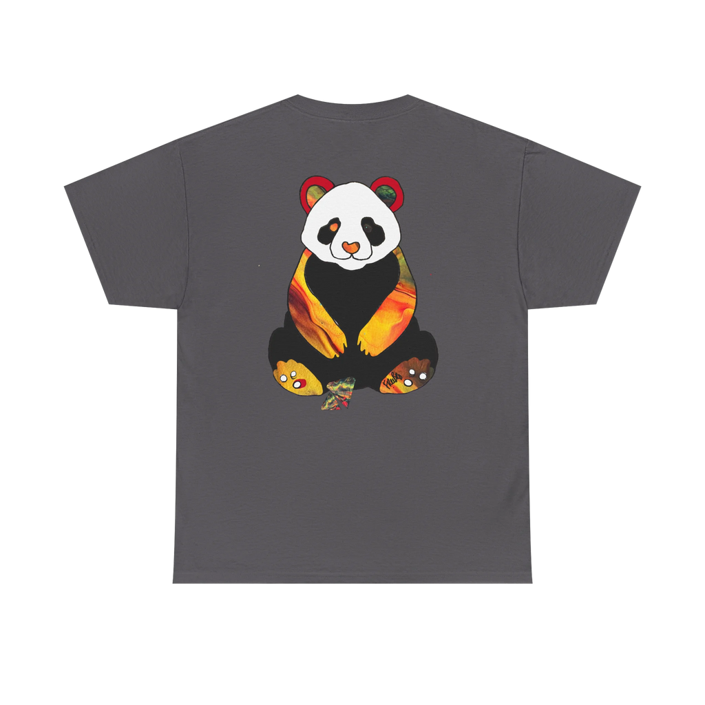 "Lucy Panda" 04 Edition Graphic Tee by FREEBRD — charcoal, large colorful abstract panda graphic on back, back view.