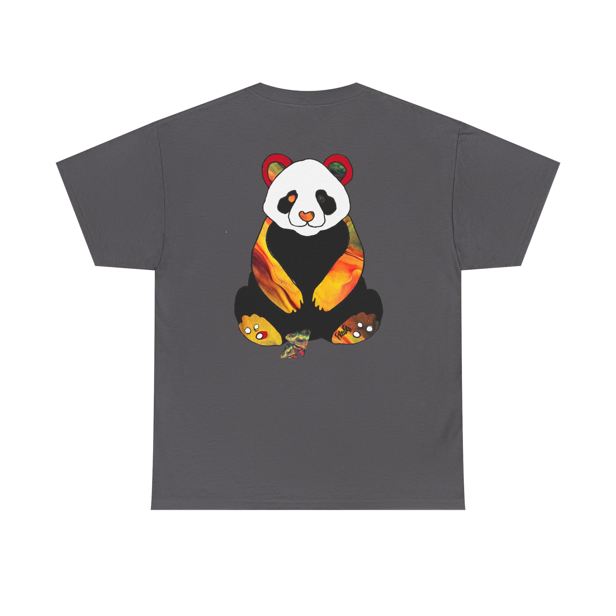 "Lucy Panda" 04 Edition Graphic Tee by FREEBRD — charcoal, large colorful abstract panda graphic on back, back view.