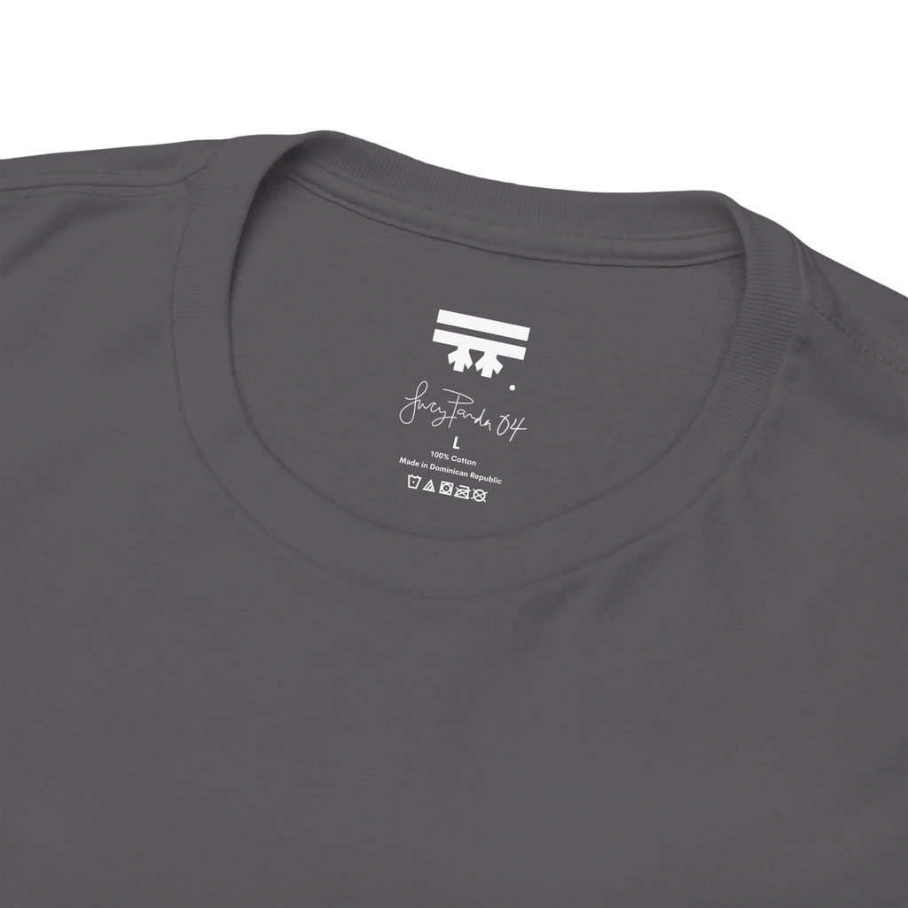 Charcoal, Lucy Panda 04 graphic tee inner neck label, FREEBRD signature logo.