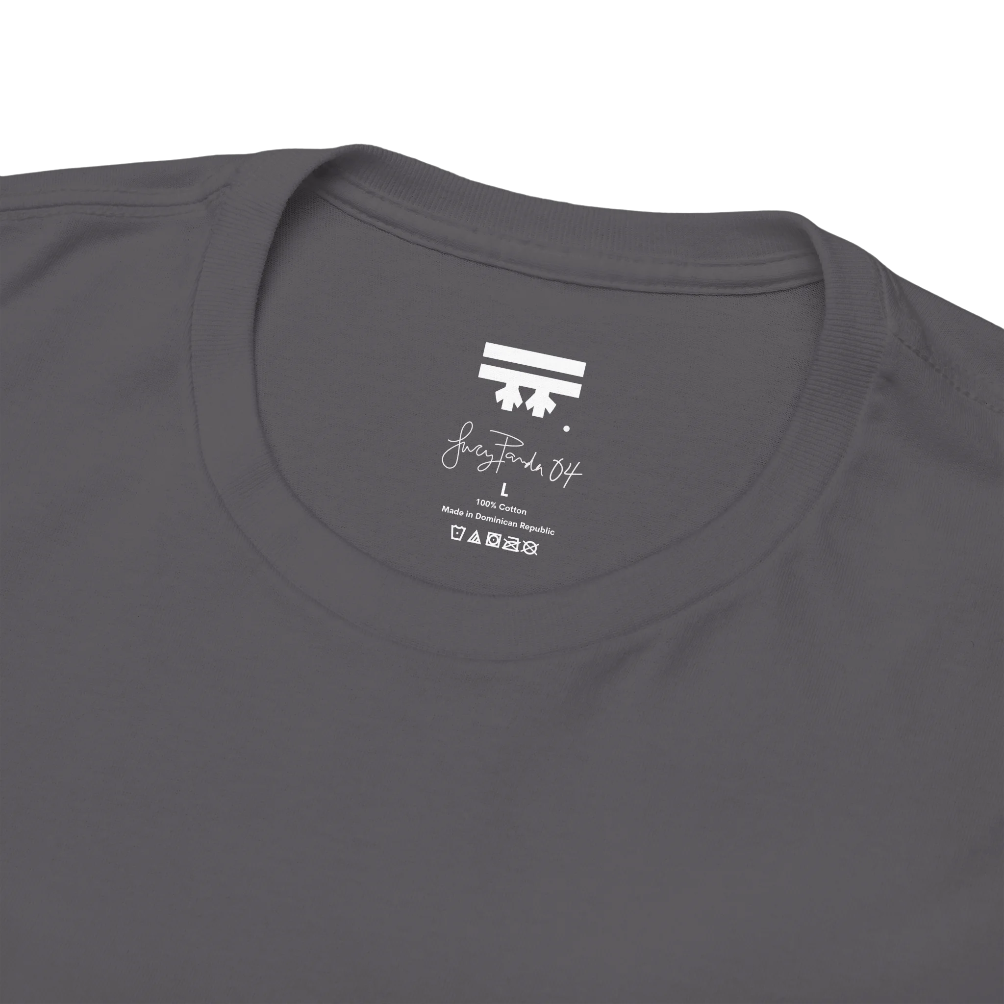 Charcoal, Lucy Panda 04 graphic tee inner neck label, FREEBRD signature logo.
