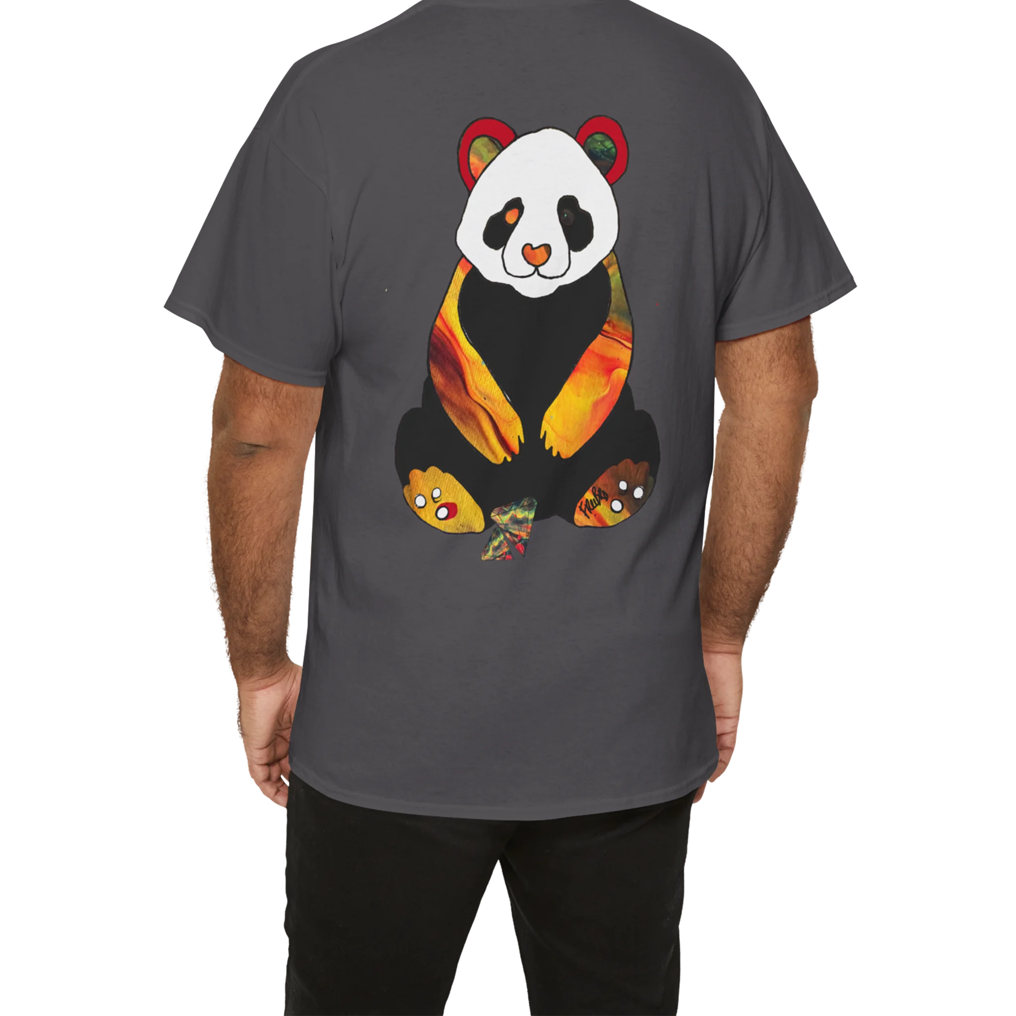 "Lucy Panda" 04 Edition Graphic Tee by FREEBRD — lifestyle back, vibrant abstract panda artwork by FREEBRD, relaxed fit on model.