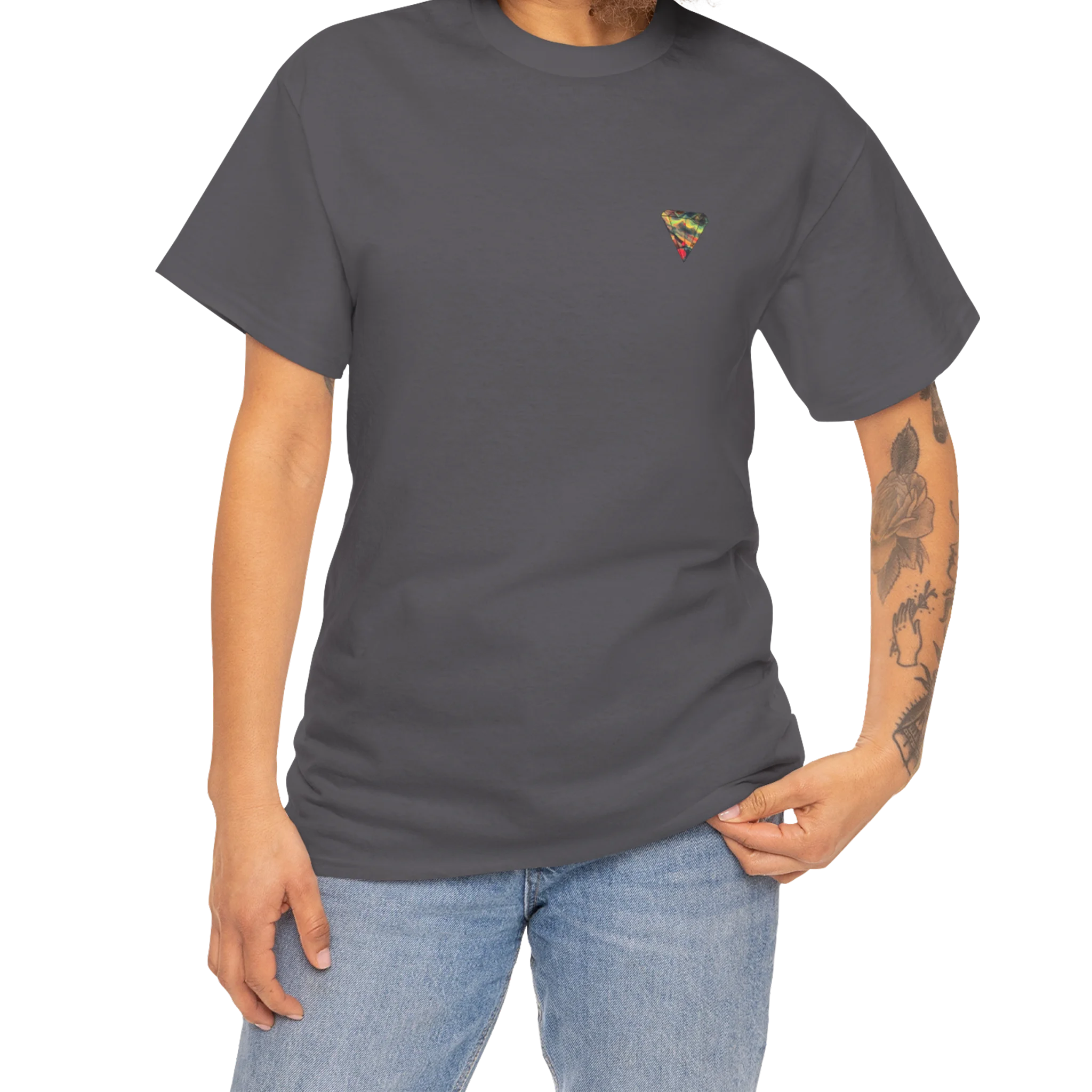 "Lucy Panda" 04 Edition Graphic Tee by FREEBRD — charcoal lifestyle front, FREEBRD triangle chest emblem, relaxed fit on model