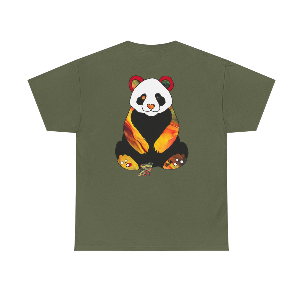 "Lucy Panda" 04 Edition Graphic Tee by FREEBRD — militray green, large colorful abstract panda graphic on back, back view.