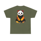 "Lucy Panda" 04 Edition Graphic Tee by FREEBRD — militray green, large colorful abstract panda graphic on back, back view.