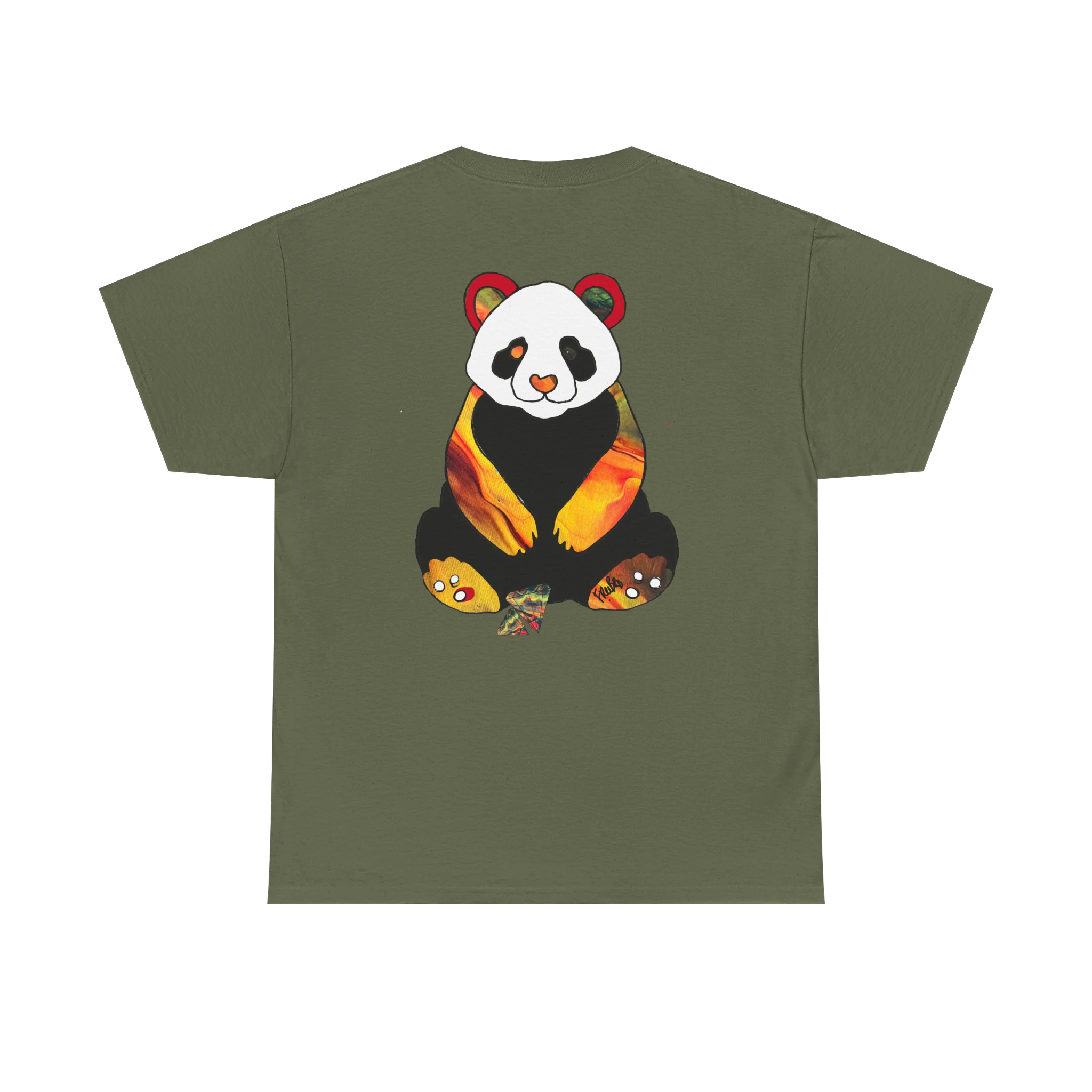 "Lucy Panda" 04 Edition Graphic Tee by FREEBRD — militray green, large colorful abstract panda graphic on back, back view.